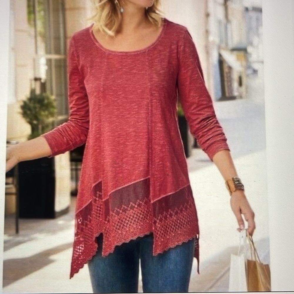 Soft Surroundings Linley Tunic Lace Hem Pink Long Sleeve Cotton Top Size Large